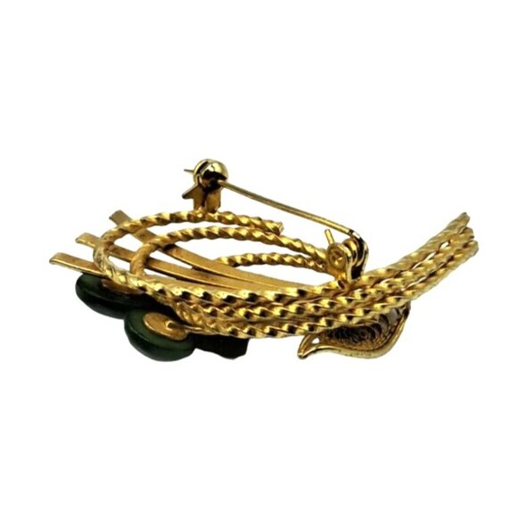 Nephrite Jade Brooch Gold Tone Filigree Setting Vintage Costume Jewelry - Picture 5 of 8